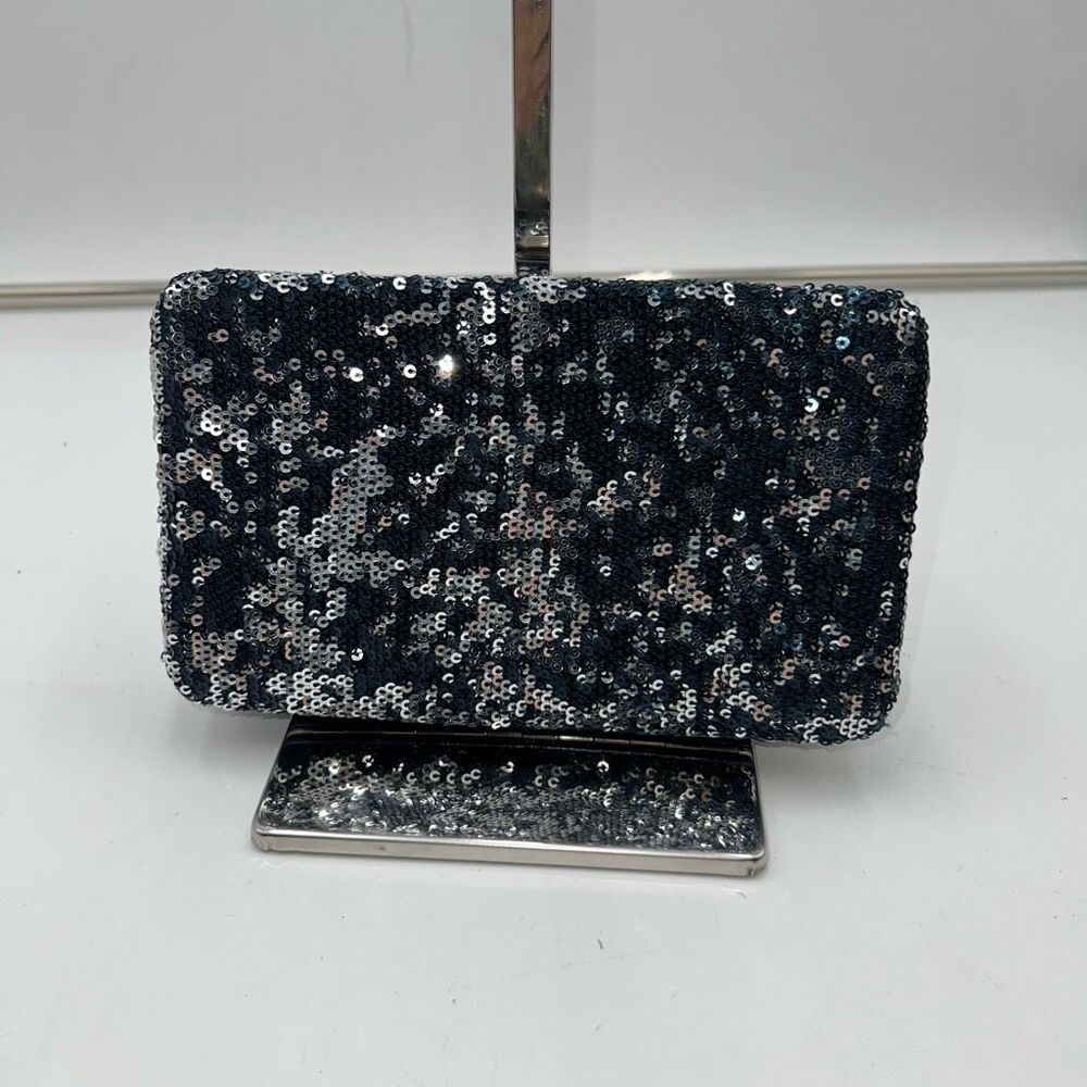 Black Silver Sequin Hard Case Evening Clutch Formal Party Wedding Bag